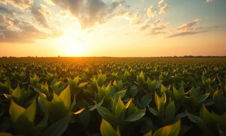 Soybean field at sunset, representing the rally in soybean futures and bean oil contract highs.