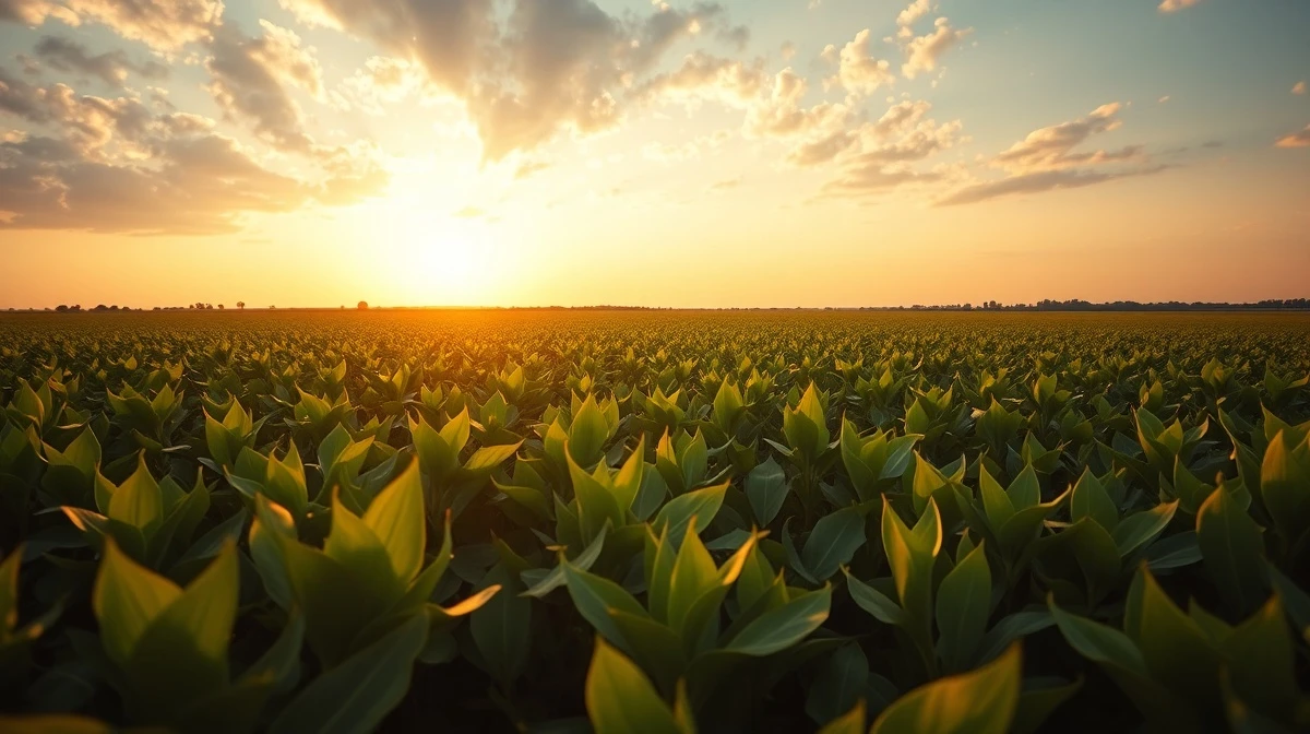 Soybean field at sunset, representing the rally in soybean futures and bean oil contract highs.