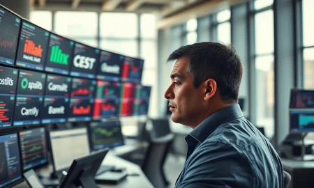 Trader analyzing private company share data on financial screens.