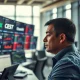 Trader analyzing private company share data on financial screens.