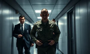 A special forces soldier being arrested in a corridor, related to Polymarket insider trading case