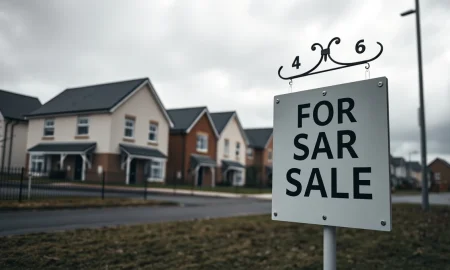 A 'For Sale' sign in front of a UK housing development under cloudy skies.
