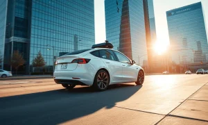 A Tesla vehicle driving autonomously on a city street with an empty driver's seat.