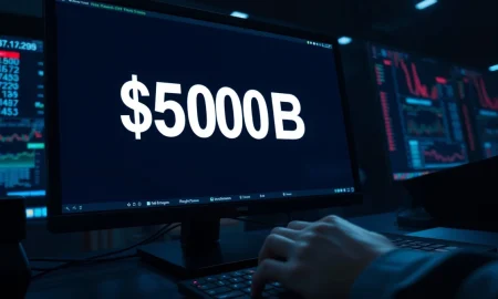 A monitor displays a $500 billion valuation figure on a trading desk, representing Tether's proposed private share sale.