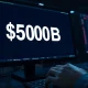 A monitor displays a $500 billion valuation figure on a trading desk, representing Tether's proposed private share sale.