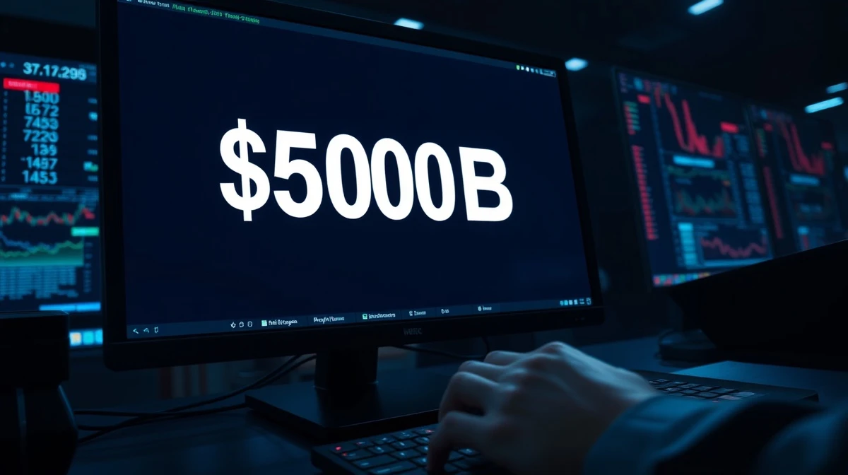 A monitor displays a $500 billion valuation figure on a trading desk, representing Tether's proposed private share sale.