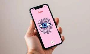 Smartphone showing Tinder app with an eye scan verification graphic overlay.