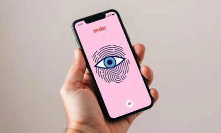 Smartphone showing Tinder app with an eye scan verification graphic overlay.