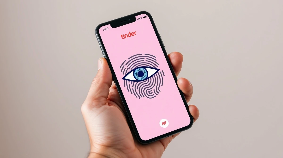 Smartphone showing Tinder app with an eye scan verification graphic overlay.