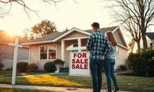 A couple looks at a for sale sign in front of a house, representing first-time homebuyer opportunities.