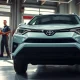 A Toyota hybrid vehicle at a dealership service center for a safety recall.