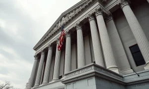 US Treasury building in Washington DC with flag, symbolizing sanctions on Iranian airlines