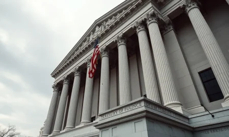 US Treasury building in Washington DC with flag, symbolizing sanctions on Iranian airlines