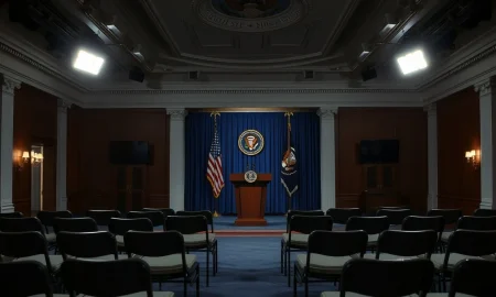 The White House briefing room podium ahead of a presidential address on the Iran conflict.