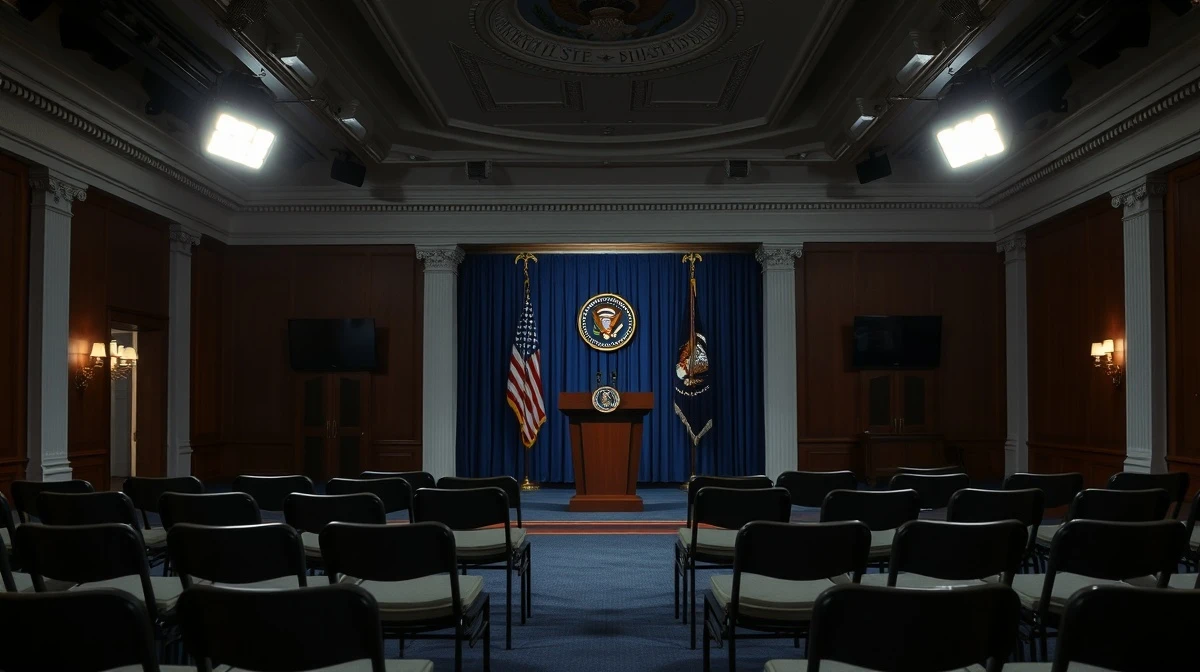 The White House briefing room podium ahead of a presidential address on the Iran conflict.