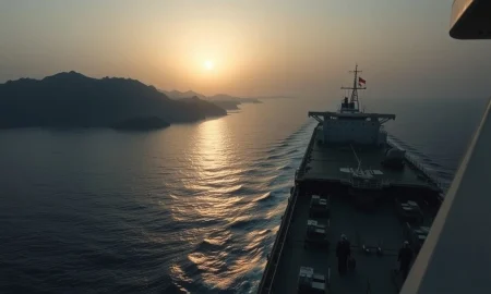 Oil tanker transiting the narrow Strait of Hormuz, a key global oil chokepoint.