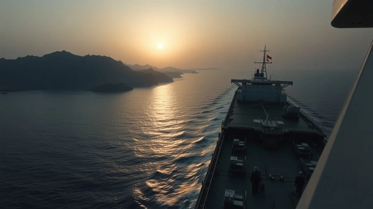Oil tanker transiting the narrow Strait of Hormuz, a key global oil chokepoint.