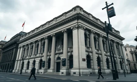 Bank of England building in London under cloudy sky, symbolizing UK bank tax debate