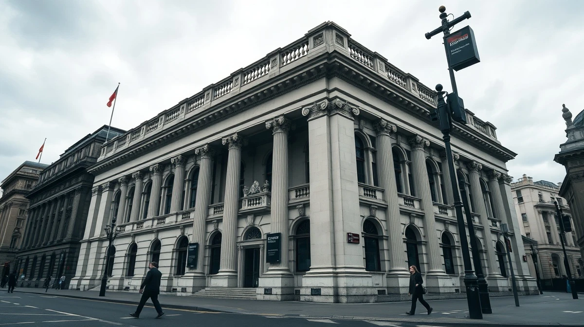 Bank of England building in London under cloudy sky, symbolizing UK bank tax debate
