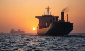 Cargo ship in Strait of Hormuz at sunrise, representing geopolitical risk for USD/SGD