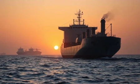 Cargo ship in Strait of Hormuz at sunrise, representing geopolitical risk for USD/SGD