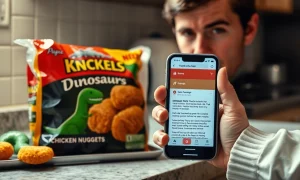 Package of dinosaur-shaped chicken nuggets with a smartphone showing a safety alert.