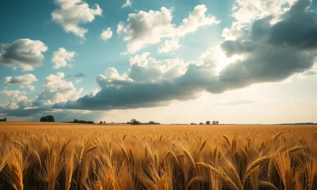 A wheat field under a cloudy sky, representing the commodity market news.
