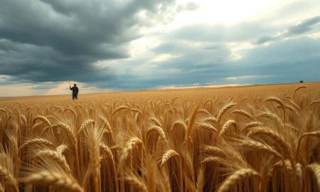 A wheat field under cloudy skies as commodity markets react to falling crude oil prices.