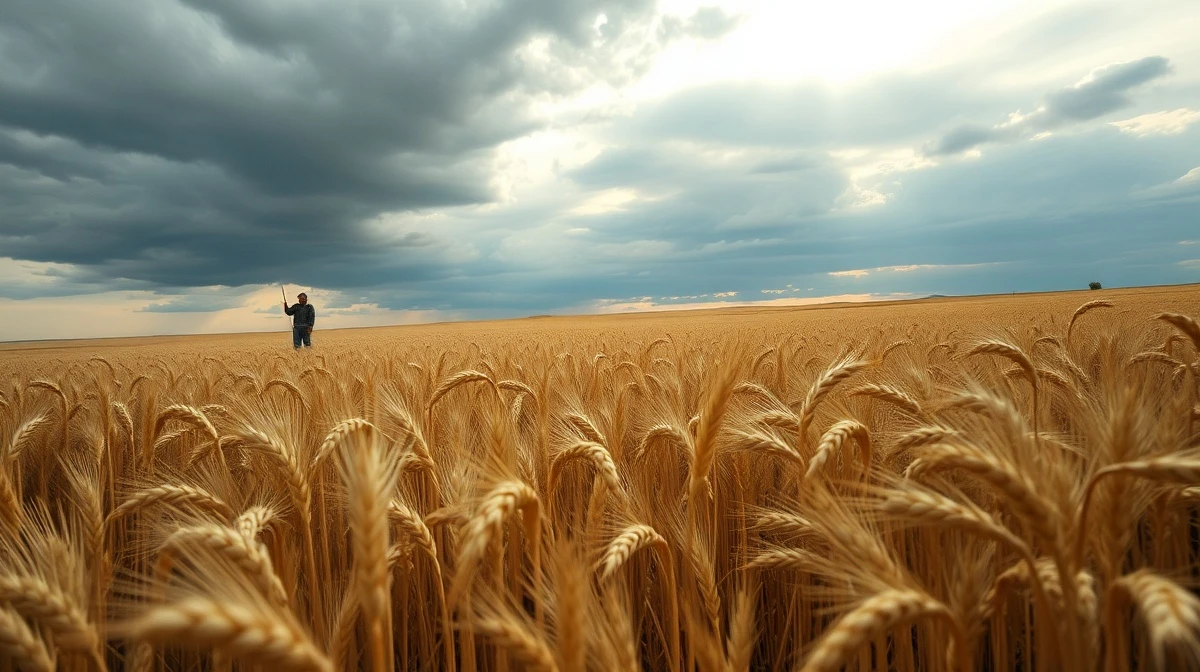 A wheat field under cloudy skies as commodity markets react to falling crude oil prices.