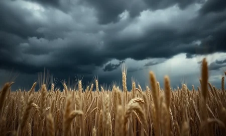 A wheat field under stormy skies, reflecting market pressure on agricultural commodities.