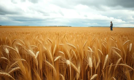 Wheat field under cloudy sky, symbolizing falling wheat futures prices