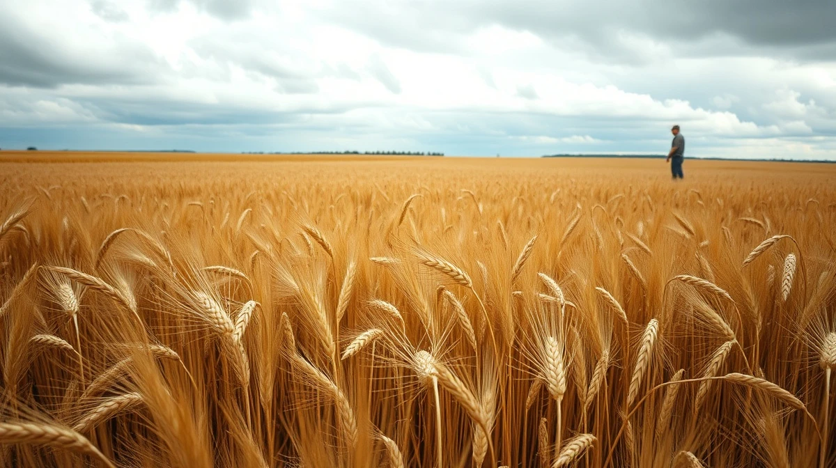 Wheat field under cloudy sky, symbolizing falling wheat futures prices