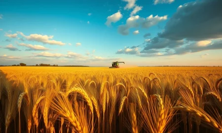 Golden wheat field under partly cloudy sky, representing wheat futures and profit taking.