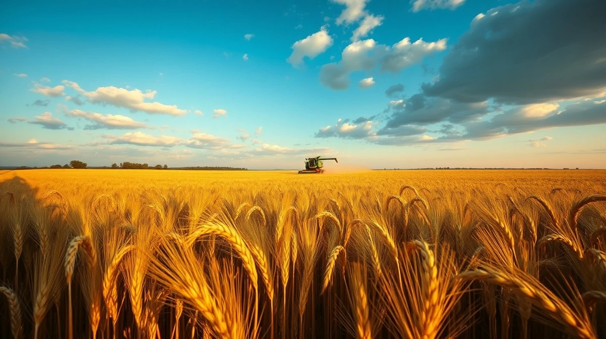 Golden wheat field under partly cloudy sky, representing wheat futures and profit taking.