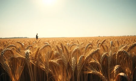 A farmer inspecting a wheat field as futures prices rise on crop condition data.