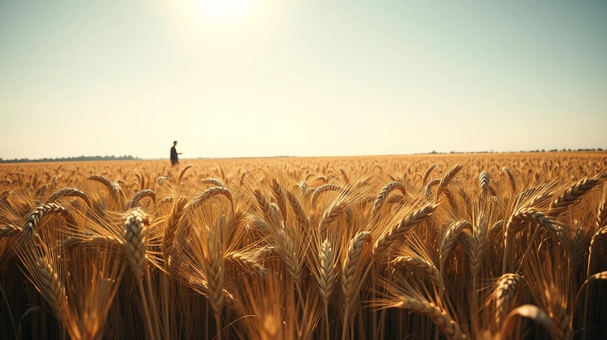 A farmer inspecting a wheat field as futures prices rise on crop condition data.