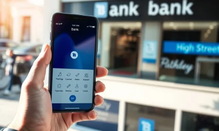 Smartphone showing a fintech banking app next to a traditional UK bank branch.