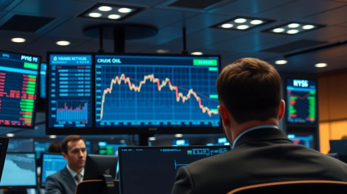 A trading desk monitor showing a declining WTI crude oil price chart on April 6, 2026.