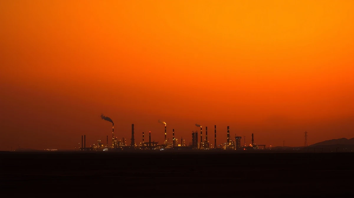An oil refinery at dusk as WTI crude prices hold near $89 amid Middle East tensions.