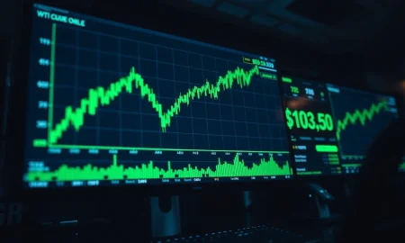 A trading screen shows WTI crude oil price chart rising above $103.50.