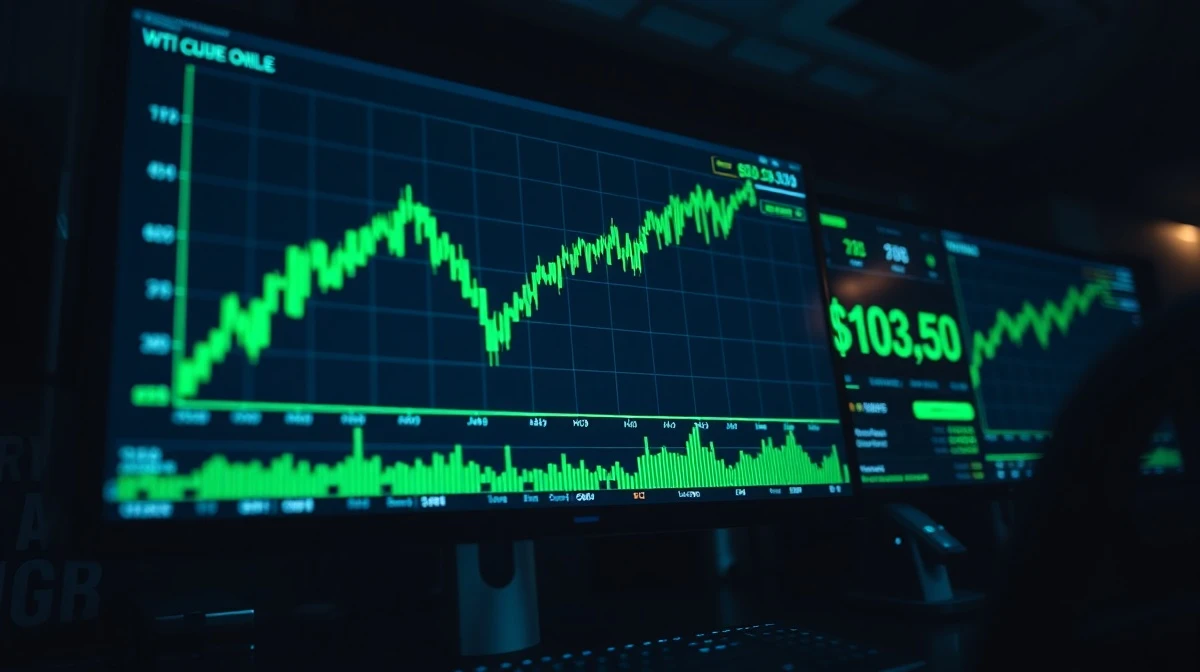 A trading screen shows WTI crude oil price chart rising above $103.50.