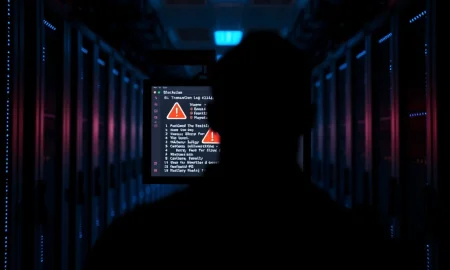 Dark server room with monitor showing blockchain transaction log and red warning symbol