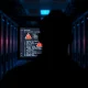 Dark server room with monitor showing blockchain transaction log and red warning symbol