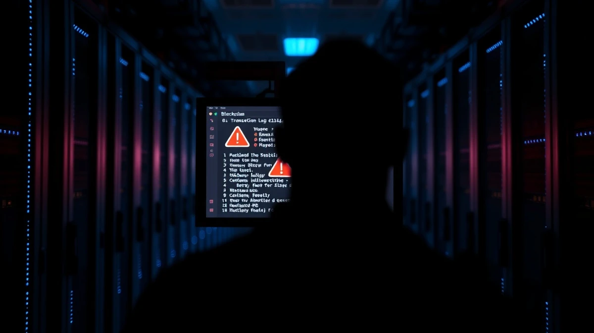 Dark server room with monitor showing blockchain transaction log and red warning symbol