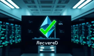 Digital interface showing recovered Ethereum funds with a green checkmark in a professional newsroom setting.