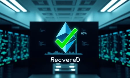 Digital interface showing recovered Ethereum funds with a green checkmark in a professional newsroom setting.