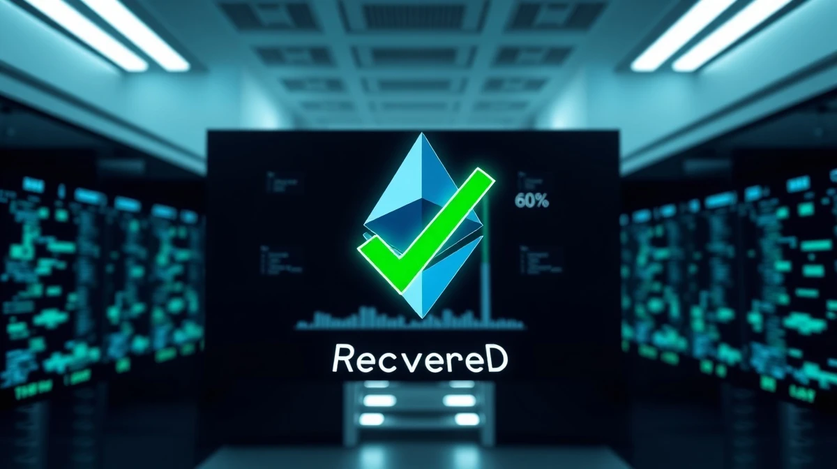 Digital interface showing recovered Ethereum funds with a green checkmark in a professional newsroom setting.