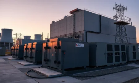 Hyperscale data center with large LFP battery storage units and copper cables at sunset.