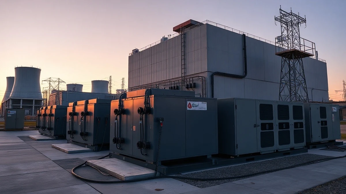 Hyperscale data center with large LFP battery storage units and copper cables at sunset.