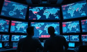 Military analysts monitoring a digital supply chain risk map with AI-detected threats linked to China